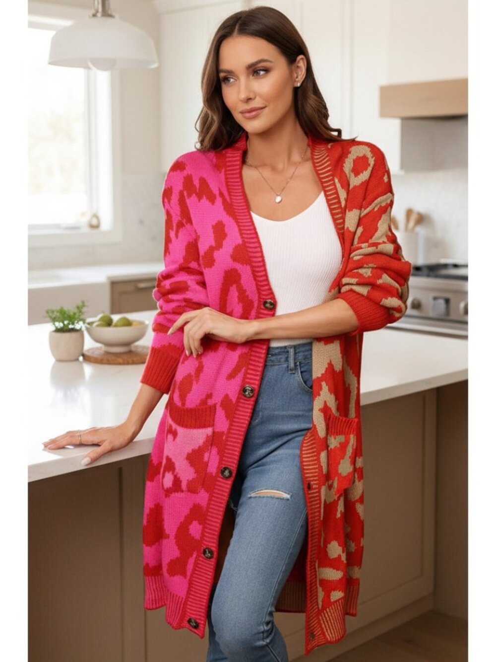 Colorblock Leopard Print Longline Button Front Long Sleeve Oversized Cardigan